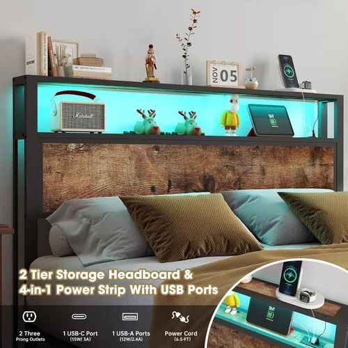 Vista 4 de Base de cama tamaño completo con cabecero, estructura de cama de plataforma metálica con luces LED y estación de carga, almacenamiento debajo