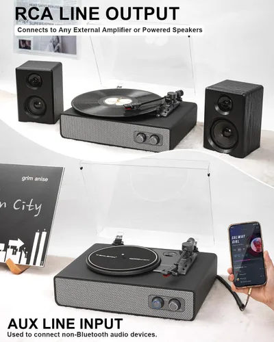 Vista 8 de Tocadiscos de vinilo con altavoces integrados mejorados, tocadiscos Bluetooth de 3 velocidades accionados por correa para discos de vinilo