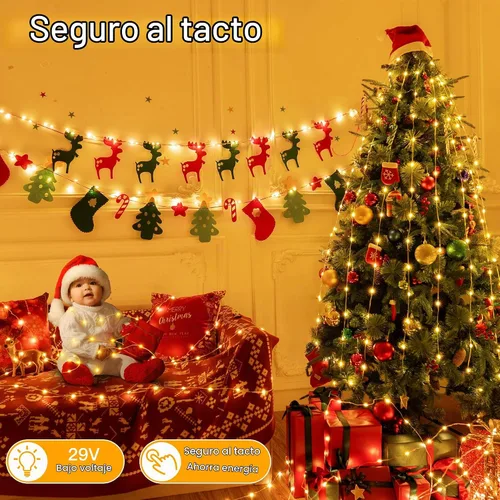 Vista 7 de Ollny Luces de Navidad de color blanco cálido, 600 LED de 197 pies, luces de árbol de Navidad IP67 impermeables, luces de hadas enchufables