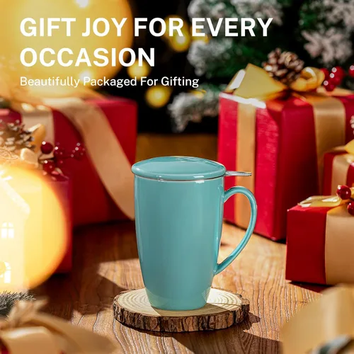 Vista 6 de Sweese Taza de té de porcelana de 15 onzas con infusor y tapa, apta para microondas, mango ergonómico, esmalte sin plomo, para té de hojas sueltas