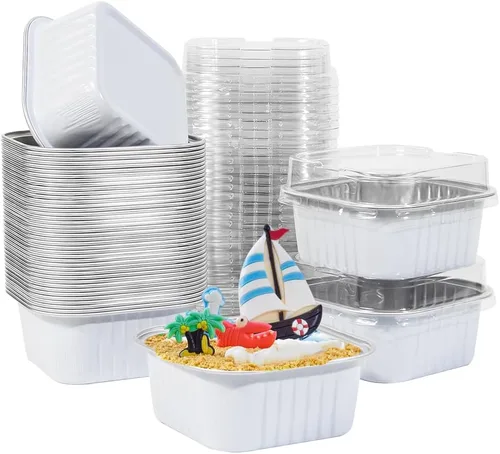 Vista 16 de 50 piezas de mini tazas cuadradas para hornear con tapas, mini moldes de papel de aluminio de 5 onzas con tapas, moldes desechables ramekins