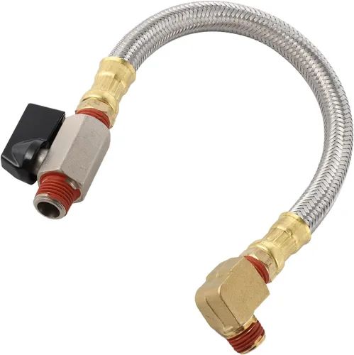 Vista 3 de Manguera de acero trenzada de 10 pulgadas NPT de 1/4 de pulgada, adaptador de latón de 1/4 a 3/8 pulgadas, válvula de drenaje y codo para compresor