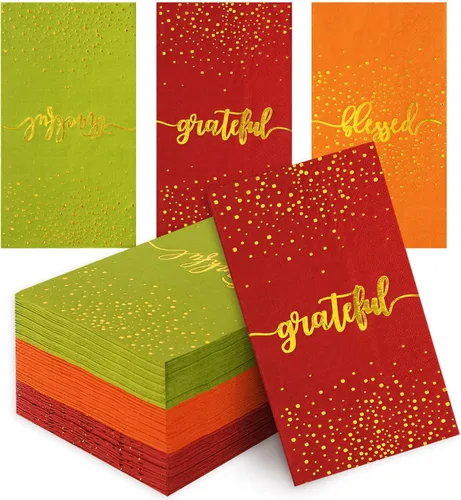 Whaline Paquete de 75 servilletas de papel de Acción de Gracias de otoño de 4.3 x 7.9 pulgadas, servilletas desechables de papel dorado Thankful