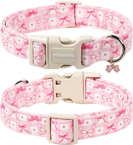 Vista 171 de DOGWONG Collar de algodón y cáñamo para perros, collar rosado resistente ajustable de tela natural suave para mascotas, lindo collar de boda