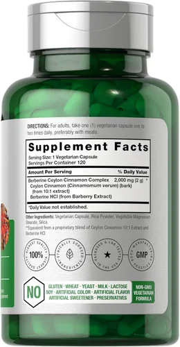 Vista 2 de Horbaach Berberine Plus Canela de Ceilán 2000 mg 120 cápsulas vegetales Suplemento vegetariano, sin OMG y sin gluten Complejo de berberina