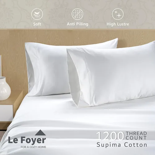 Vista 2 de Lefoyer - Sábanas de algodón Supima tamaño King, sábana de 1200 hilos, 4 piezas, calidad de hotel de 5 estrellas, elásticas, se ajustan a colchones