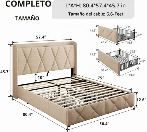 Vista 2 de iPormis - Marco de cama de tamaño matrimonial con 4 cajones de almacenamiento, base de cama tapizada con estación de carga, cabecera de Beige