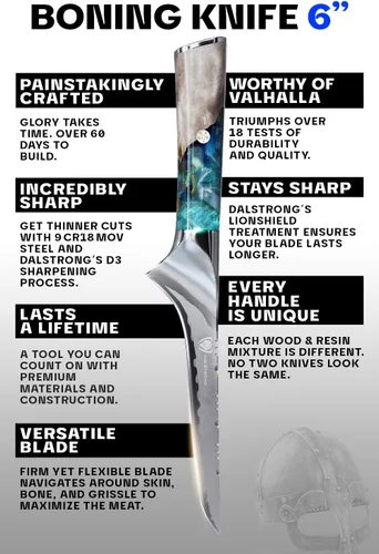 Vista 5 de Dalstrong Cuchillo para deshuesar – 6 pulgadas – Serie Valhalla – Acero 9CR18MOV HC – Cuchillo de regalo con mango de resina celestial y madera
