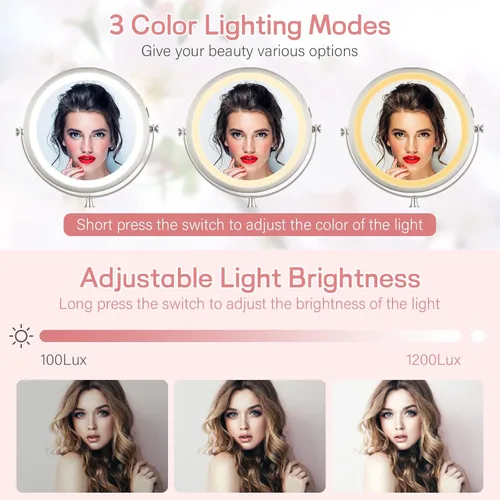 Vista 4 de VESAUR Espejo de maquillaje iluminado recargable de 8 pulgadas, espejo de aumento de doble cara 1X10X con 3 colores, brillo de pantalla táctil