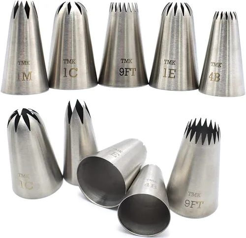 Vista 2 de Paquete de 5 puntas de glaseado de acero inoxidable sin costuras #9FT 1C 1E 1M 4B, boquilla de tubería de estrella grande, herramientas