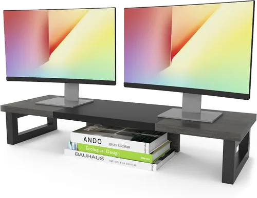 Vista 10 de WESTREE - Soporte elevador para monitor doble, soporte de escritorio multiusos de madera y acero para 2 monitores para computadora, laptop, Marrón
