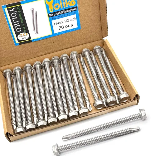 Vista 12 de Tornillos autoperforantes de cabeza hexagonal de arandela #14 x 2 (1" a 3" disponibles), acero inoxidable 410, tornillos Tek de chapa