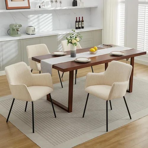 Vista 9 de Sillas de comedor beige con brazos, silla de comedor de lino, sillas de comedor tapizadas modernas con patas de metal, silla pequeña para espacio