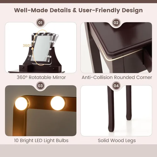 Vista 24 de CHARMAID Mesa de tocador para niñas con espejo iluminado y taburete, 10 luces LED regulables, 3 modos de iluminación de color, 4 cajones, mango