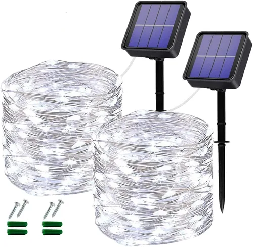 Lezonic Guirnalda de luces solares para exteriores, paquete de 2 luces solares en total de 240 LED, para exteriores, impermeable, 80 pies, 8 modos,