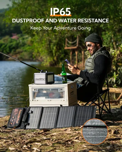 Vista 5 de LUMOPAL - Panel solar portátil, 60 W, paneles solares plegables, cargador solar plegable con PD60W USB C QC3.0 USB A salida impermeable