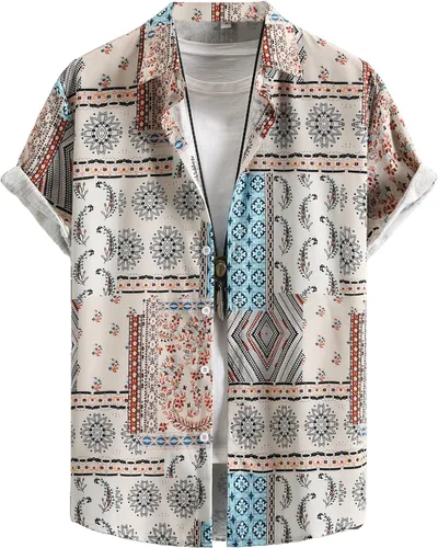 OYOANGLE Camisa casual de manga corta con botones y estampado gráfico geográfico para hombre