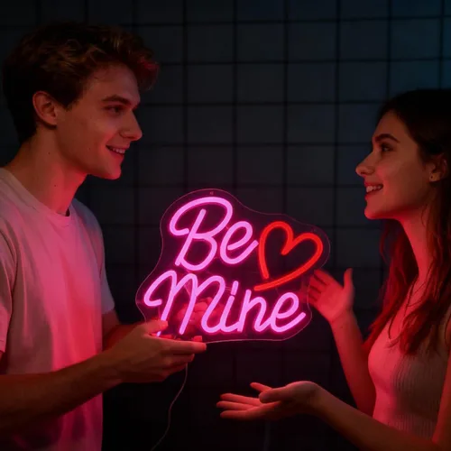 Vista 7 de Letrero de neón con forma de corazón de San Valentín con texto en inglés «Be Mine», 14.2 x 11.4 pulgadas, decoración de San Valentín, letrero