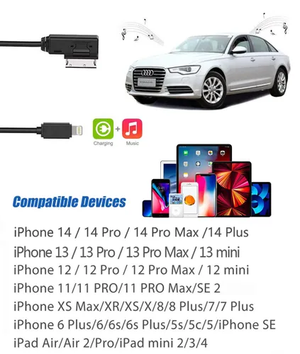 Vista 6 de AMI - Cable auxiliar MMI para Apple iPhone 14 13 12 11 XS XR X 8 7 6 SE compatible con Audi A3/A4/A5/A6/A7/A8/S4/S6/S8/Q5/Q7/R8/TT 2011-2016, VW CC