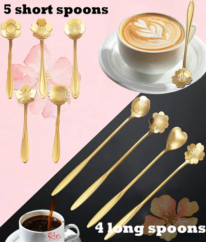 Vista 4 de Juego de 9 cucharas de café con diseño de flores, cucharas de té de acero inoxidable para decoraciones de fiesta de té (dorado)