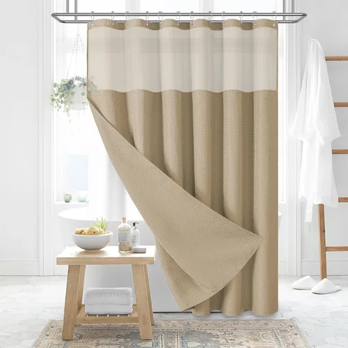 Vista 284 de Cortina de ducha de tela Dynamene verde oscuro - Cortinas de baño de tela de nido de abeja texturizadas resistentes, juego de cortinas de baño
