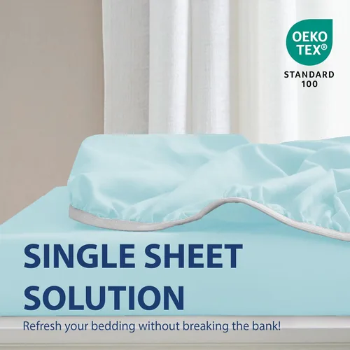 Vista 2 de Sábanas bajeras Cathay Home, individuales, de poliéster suave como la seda, Agua (Aqua), gemelo