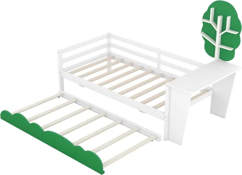 Vista 23 de Anwick Base de cama individual con escritorio y nido, sofá cama de madera con escritorio y estantes en forma de árbol verde, cama de plataforma