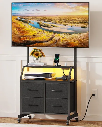 Soporte de TV con ruedas con soporte y 4 cajones de tela, soporte de TV con ruedas para TV de 32 a 75 pulgadas, centro de entretenimiento y mesa