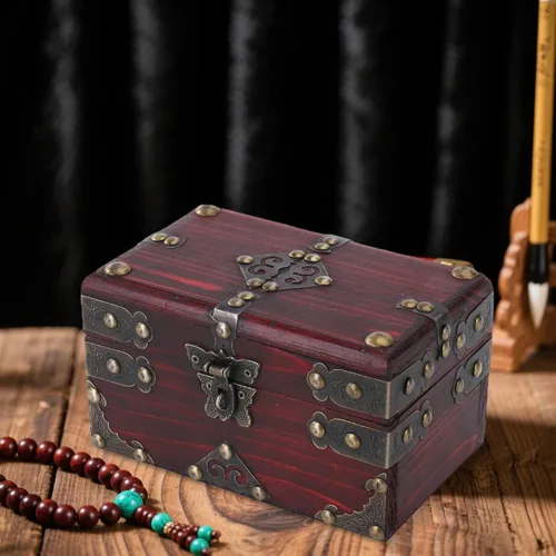 Vista 6 de Pirate Treasure Chest Wooden Box with Lock Rustic Collectible Storage Jewelry Box 9.06x6.30x6.30inch