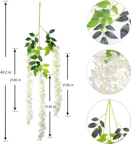 Vista 2 de 12 piezas de flores artificiales de glicinia de 3.6 pies por pieza, vid artificial blanca densa, guirnalda colgante de seda, flores artificiales