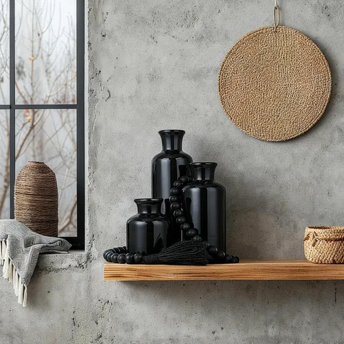 Vista 6 de Juego de 5 piezas de centros de mesa rústicos de mesa, juego de 3 jarrones de cerámica boho con bandeja de madera para servir cuentas de madera
