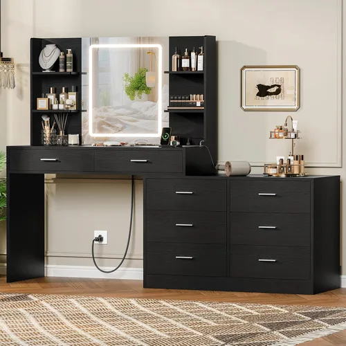 Vista 12 de Quimoo Tocador Grande con Espejo Iluminado LED y Toma de Corriente, Mesa de Tocador de Maquillaje con 7 Cajones, 4 Estantes y 5 Ganchos, Mesa