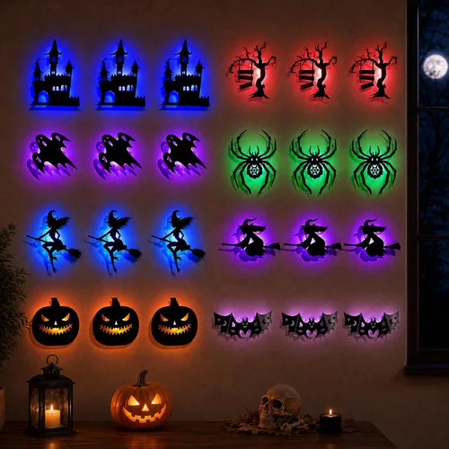 24 luces LED de pared de Halloween, decoraciones de silueta de murciélago 24pzas