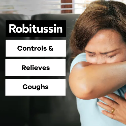 Vista 2 de Robitussin DM para la tos y la congestión del pecho, supresor de la tos y expectorante, sabor a frambuesa, botella de 4 onzas líquidas