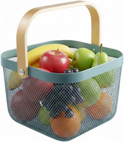 Vista 12 de Cesta organizadora de almacenamiento de malla de acero, cesta de frutas con mango de madera, ideal para cocina, baño, cestas de picnic, despensa
