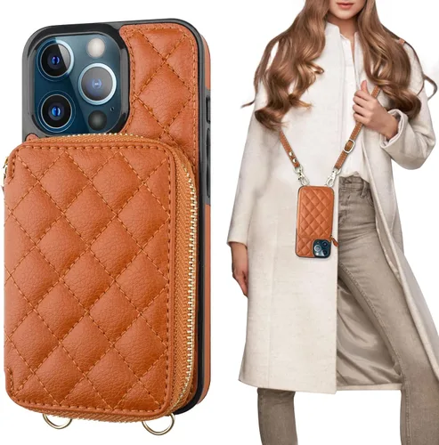 Vista 16 de Bocasal Funda tipo cartera cruzada para iPhone 13 Pro, con bloqueo RFID, de piel sintética, con cremallera, funda tipo cartera con función atril