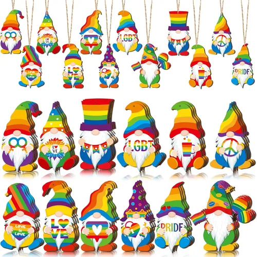 Tatuo 36 Pcs Pride Ornaments for Tree LGBT Pride Wood Hanging Ornaments Rainbow Gnome Wooden Decor Gay Pendant Slices for Bachelorette Party