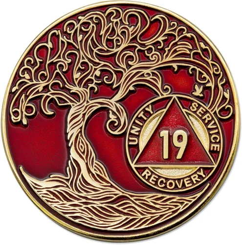 Vista 274 de 1 año Sobriety Mint Twisted Tree of Life Medallón de recuperación AA chapado en oro, chip/ficha - negro