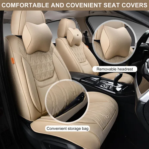 Vista 2 de Fundas de asiento delantero de automóvil, par de fundas de asiento delantero de cuero transpirable con reposacabezas, funda universal de asiento