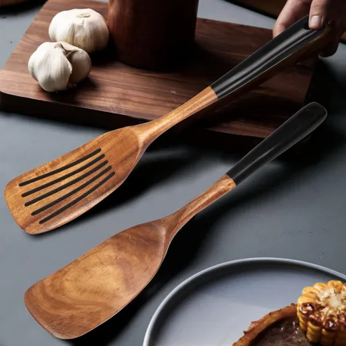 Vista 6 de 2 piezas de juego de espátulas de madera para cocinar Utensilios de cocina de teca no tóxicos sin BPA, espátula ranurada para panqueques, espátula