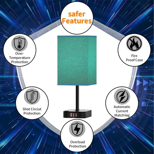 Vista 4 de cozoo Lámpara de escritorio USB para mesita de noche con 3 puertos de carga USB y 2 tomas de corriente, base de cargador negra con pantalla de tela