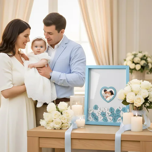Vista 5 de Libro de invitados de boda azul alternativo para recepción con corazones de madera, un marco, decoración de libros, recuerdos para boda, ideas
