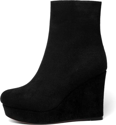 Vista 2 de Botas de cuña de gamuza con punta redonda para mujer, con cremallera, plataforma de moda, tacón alto, 4 pulgadas