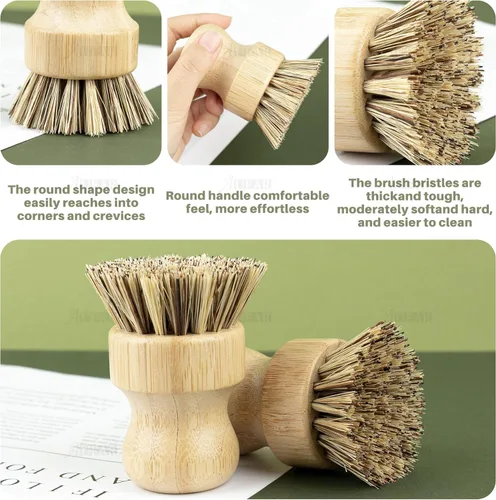 Vista 5 de AUEAR, Cepillo de bambú natural para fregar platos, cepillos de limpieza para ollas, cerdas de coco para sartenes de hierro fundido (paquete de 4)