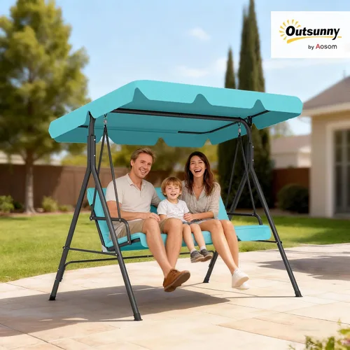 Vista 2 de Outsunny Silla columpio de 3 asientos para patio al aire libre con cojín extraíble, soporte de marco de acero y toldo inclinable ajustable para Verde
