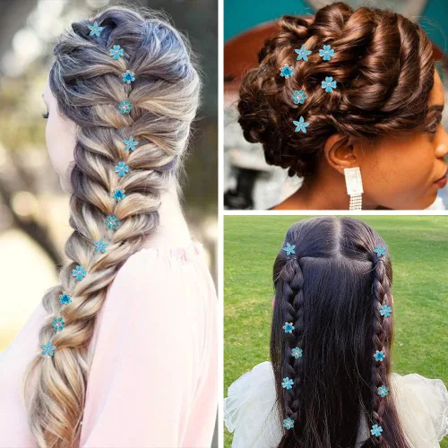 Vista 2 de Ahoney 20 mini clips para el cabello con flores azules con diamantes de imitación, bonitos horquillas para el cabello, decoraciones para boda