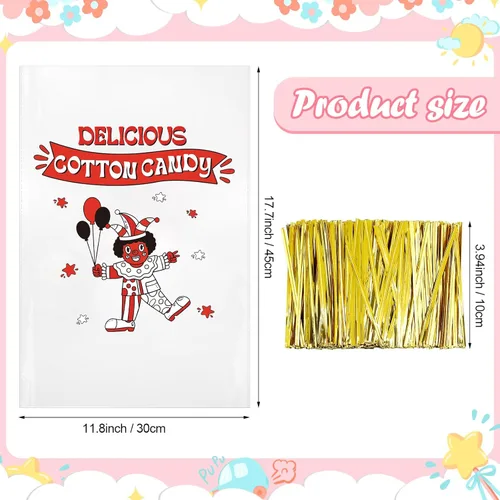 Vista 2 de Geyee 500 bolsas de algodón de azúcar con lazos, bolsas grandes de algodón transparente con estampado, ideales para carnavales, fiestas de verano