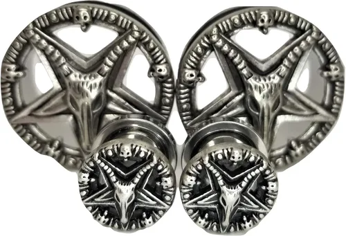 Vista 3 de Pierced Republic Baphomet - Tapones para los oídos con pentagrama, de acero inoxidable, 8 tamaños, par - nuevo