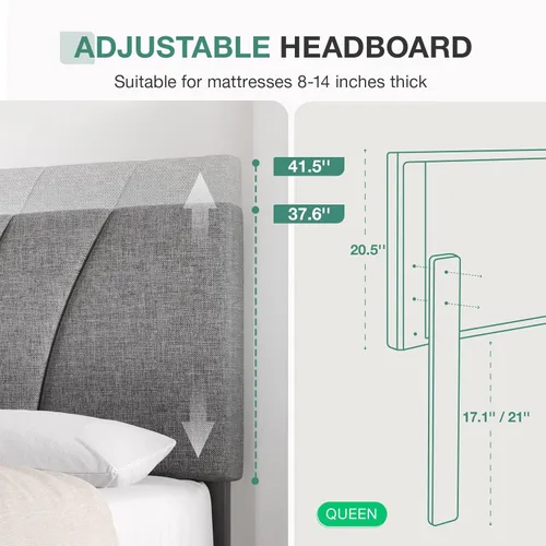 Vista 107 de Novilla Base de cama de plataforma tamaño Queen con cabecera ajustable tapizada, marco de cama Queen, no necesita somier, sin ruido, fácil montaje