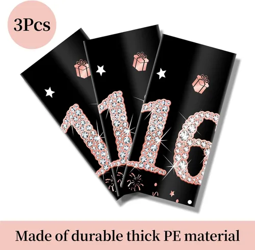 Vista 3 de Paquete de 3 manteles decorativos de cumpleaños dulce 16 para niñas, cubierta de mesa con temática de feliz cumpleaños dieciséis en oro rosa